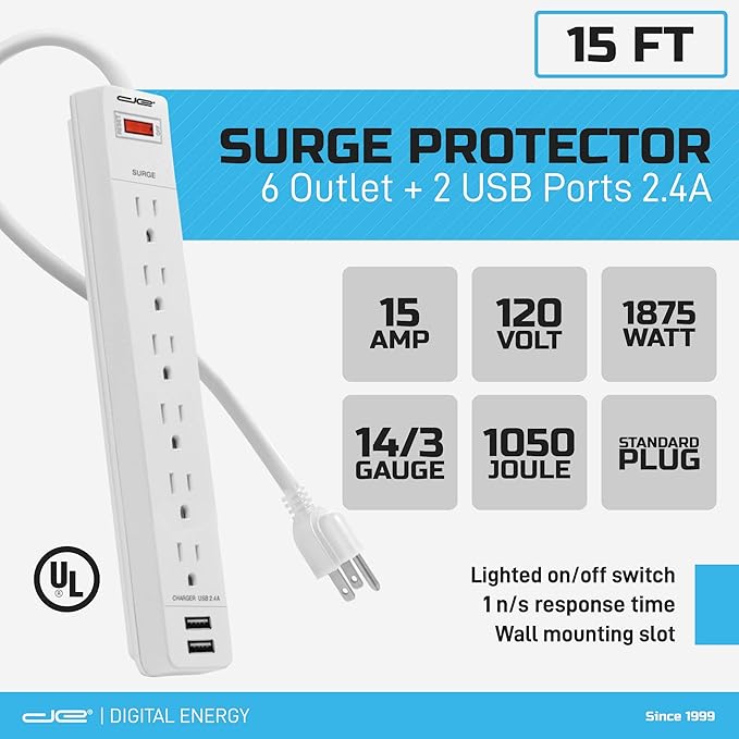 Digital Energy 6-Outlet + 2 USB 1050 Joule Surge Protector Power Strip with 15-Ft Long Extension Cord, White, UL Listed-DeskLoop Office
