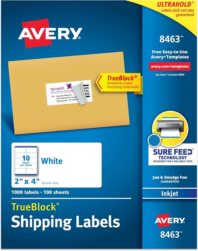 Avery Printable Shipping Labels, Sure Feed Technology, 000 Blank Mailing Labels by Avery