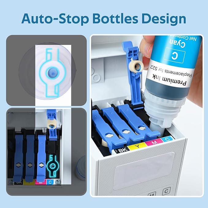 522 High Capacity Ink Refill Bottles Combo Pack Remanufactured for Epson 522 EcoTank Ink Works with EcoTank ET-2400, ET-2720, ET-2800, ET-2803, ET-2840 (5 Pack,550ML, Not Sublimation Ink)-DeskLoop Office