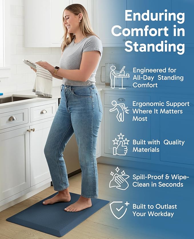 Ophanie Kitchen Mats for Floor, 3/4 Inch Thick Kitchen Rugs, Anti Fatigue Standing Cushioned Mat, Waterproof,Comfort Ergonomic Mat for Office, Home, Sink, 20'' x 48'' Blue Non-Slip Bottom-DeskLoop Office