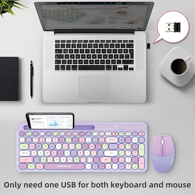 FOPETT Wireless Keyboard and Mouse Combo, 100 Keys Full-Sized 2.4 GHz Round Keycap Colorful Keyboards, USB Receiver Plug and Play, for Windows, Mac, PC, Laptop, Desktop (Purplecolorful)-DeskLoop Office