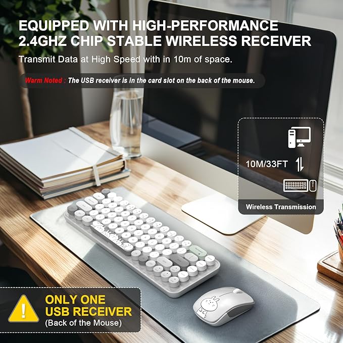 FOPETT Wireless Keyboard and Mouse Cute Mouse and Keyboard 2.4G Wireless Keyboards with Colorful 68 Keys Typewriter Retro Round Keycap for PC, Laptop,Tablet,Computer Windows - Grey Colorful-DeskLoop Office