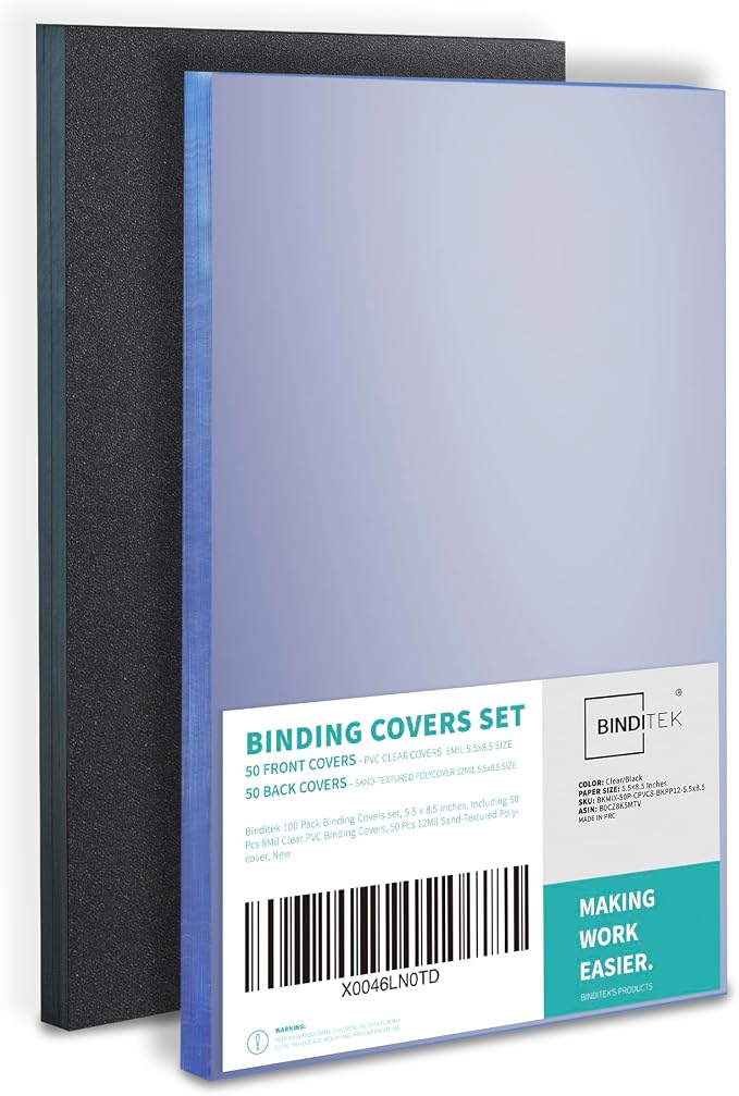 Binditek 100 Pack Binding Covers and Backs Set, 5.5 x 8.5 Inches, 50 Clear PVC by Binditek