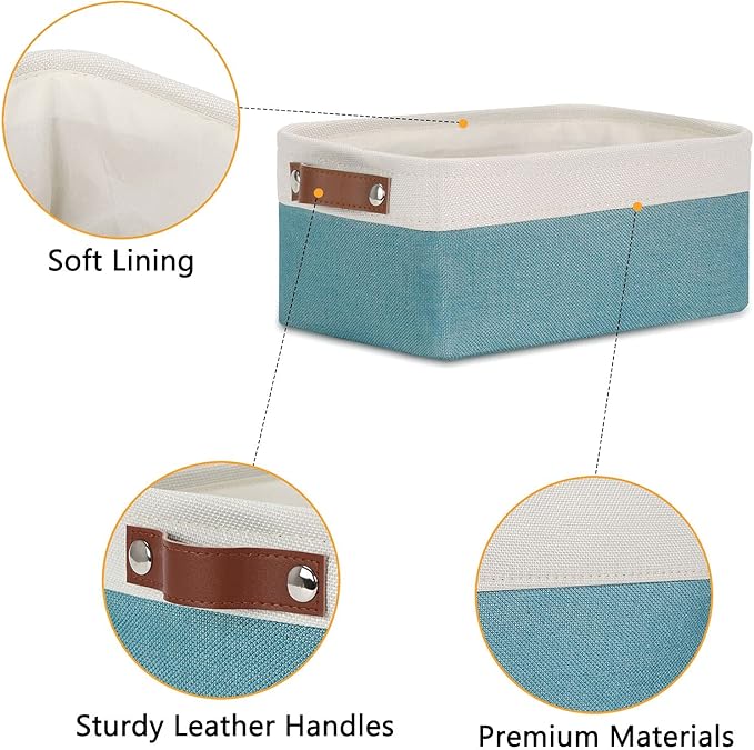 DULLEMELO Storage Baskets Bins for Organizing, Small Fabric Baskets for Shelves, Closets, Nursery, Home, Office, Empty Gift Baskets (6-Pack, White&Teal)-DeskLoop Office