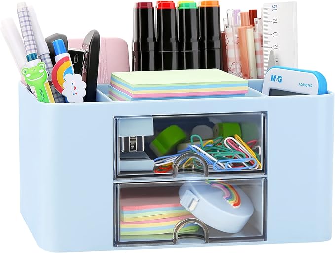 Desk Organizer with 2 Drawer, Plastic Desktop Pen Pencil Card Holder Storage Box by LETURE