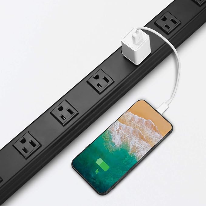 Heavy Duty Power Strip - 16 Outlet Industrial Metal Strip, 6FT Cord, 15A, 125V, 1875W (Black)-DeskLoop Office
