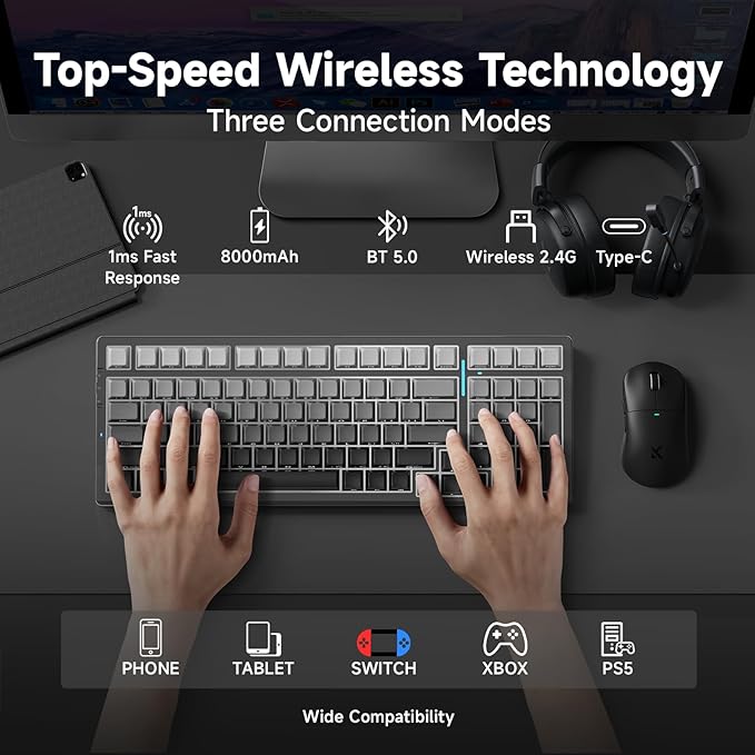 G98 PRO Wireless Mechanical Keyboard, Tri-Mode Connection Gaming Keyboard, Hot Swappable Custom Gasket Structure Pre-lubed Linear Switches Double Shot PBT Keycaps RGB LED Backlit Gradient Black-DeskLoop Office