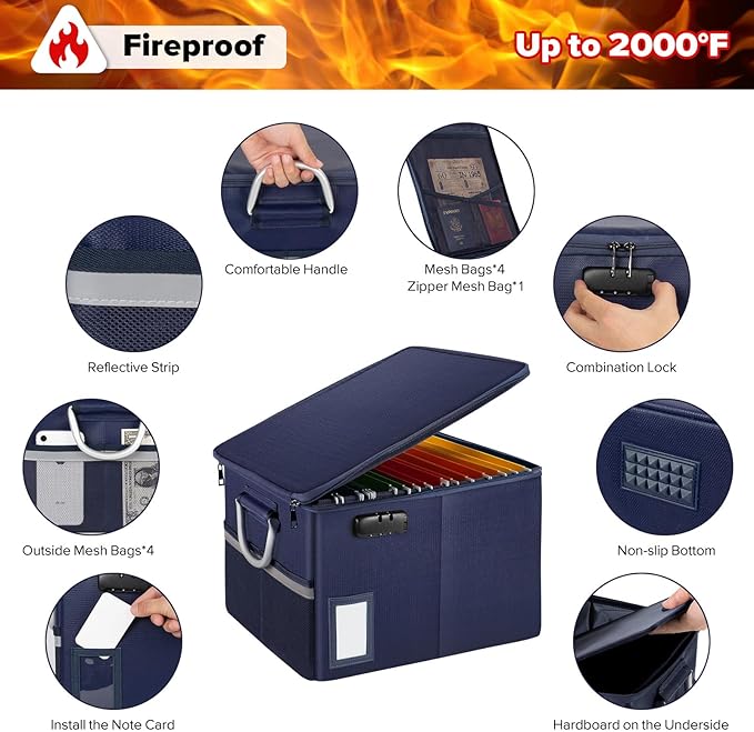 TOMKID Fireproof Document Box, Fire Proof Safe Box for Home Document Organizer with Lock, Fire Organizer Box Office Storage Cabinet for Hanging Letter/Legal Folder 16.1 x 12.9 x 11in (Blue)-DeskLoop Office