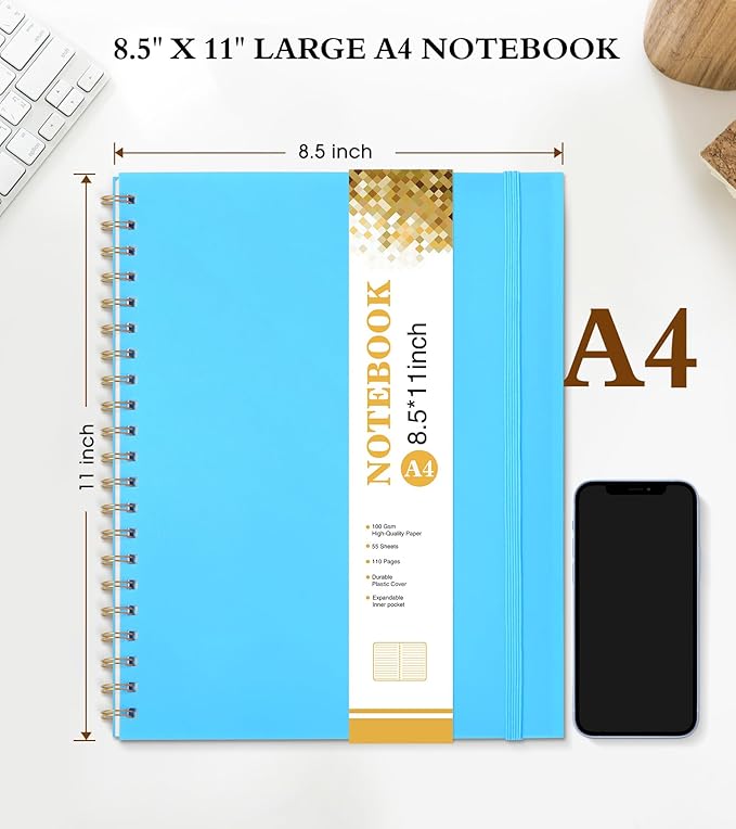 Spiral Notebook Journal 8.5” x 11”, Lined Notebooks for Women Men, A4 Large College Ruled Journal, 100 GSM Paper, Plastic Hardcover Spiral Bound Journals for Work School Business, Blue-DeskLoop Office