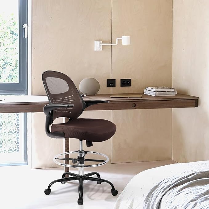 HYLONE Tall Drafting Chair Standing Desk Chair with Flip-Up Armrests, Adjustable Height Ergonomic Office Chair with Footrest Ring - High Stool Chair for Standing Desk (Brown)-DeskLoop Office