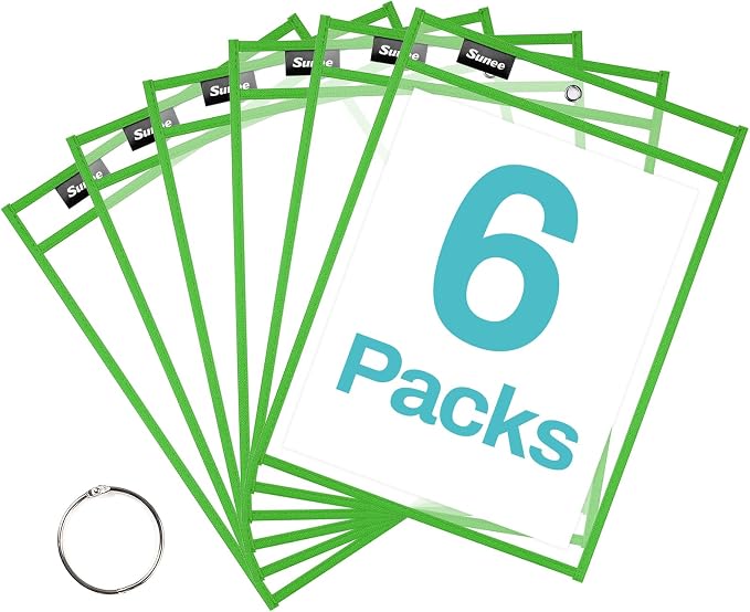 SUNEE 6 Packs Oversized Reusable Dry Erase Pocket Sleeves by SUNEE