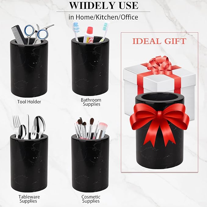 WORHE Natural Marble Pen Holder, Stylish Stone Caddy for Desk, Multi-Purpose Makeup Brush and Office Supply Storage Organizer, Desks Accessory Toothbrush Cup for Home School Black (DL003)-DeskLoop Office