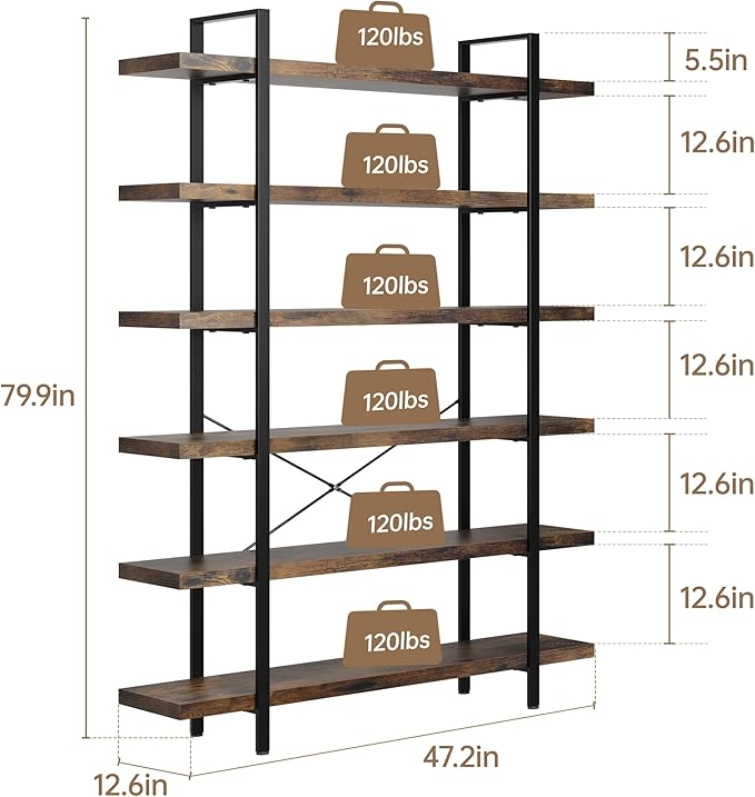Heavy Duty 6-Tier Industrial Bookcase, 47" Wide Wood Bookshelf for Home Office, 120lbs Shelf Capacity, Rustic Open Shelving Display with Reinforced Horizontal Shelf for Living Room Bedroom-DeskLoop Office