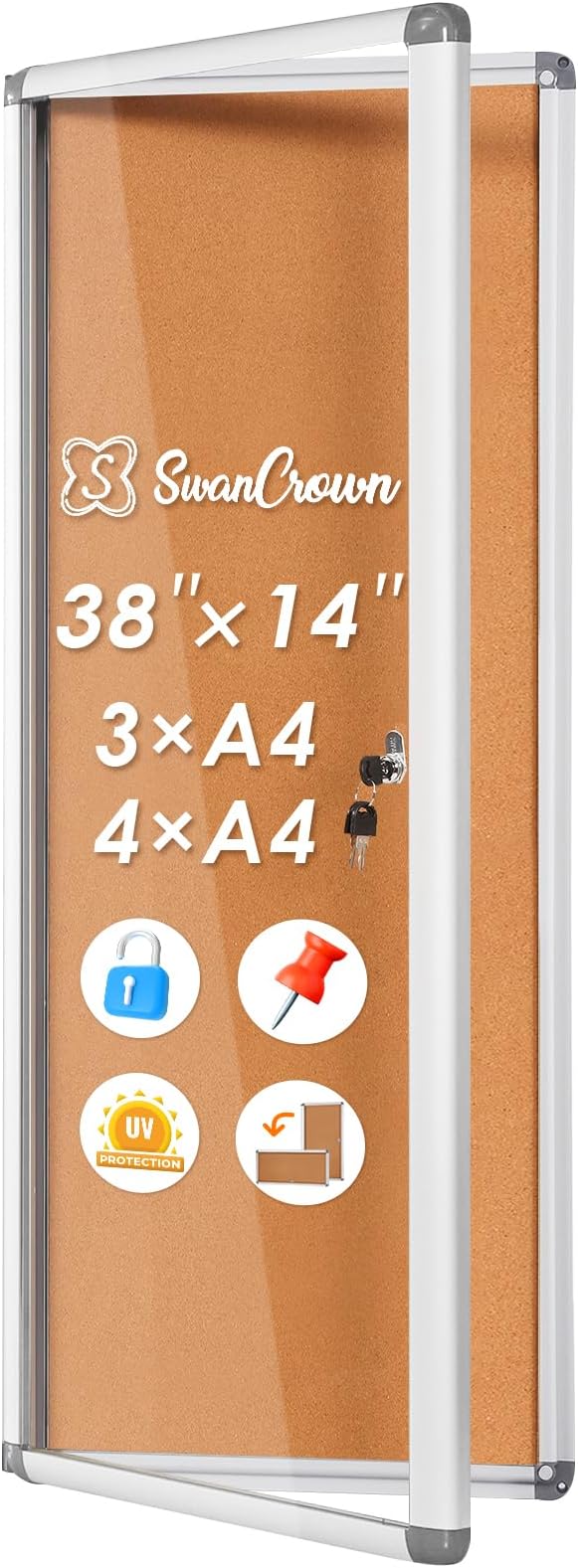 SWANCROWN Locking Bulletin Board Tamper-Proof Notice Board Cork Display Case Wall-Mounted for K12 Office Dentists, 38x14 inch-DeskLoop Office