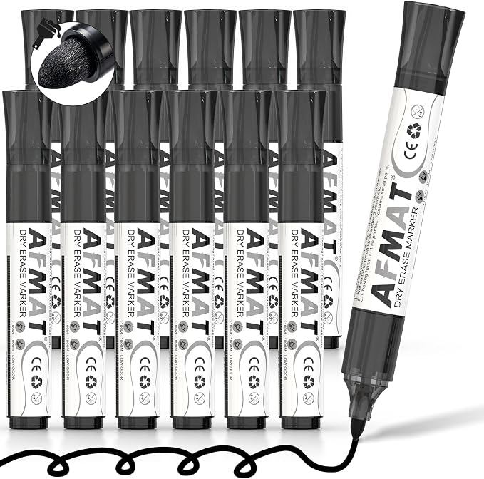AFMAT Dry Erase Markers, 12-Count Black Whiteboard Markers, Bullet Tip by AFMAT