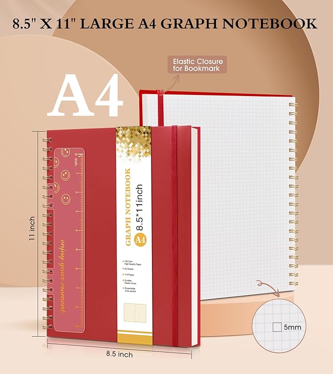 Graph Paper Notebook, Spiral Notebook Journal 8.5” x 11”, A4 Large Grid Notebooks for Women Men, 100 GSM Graph Paper, Plastic Hardcover Spiral Graphing Journals for Work School Engineerin, Red-DeskLoop Office
