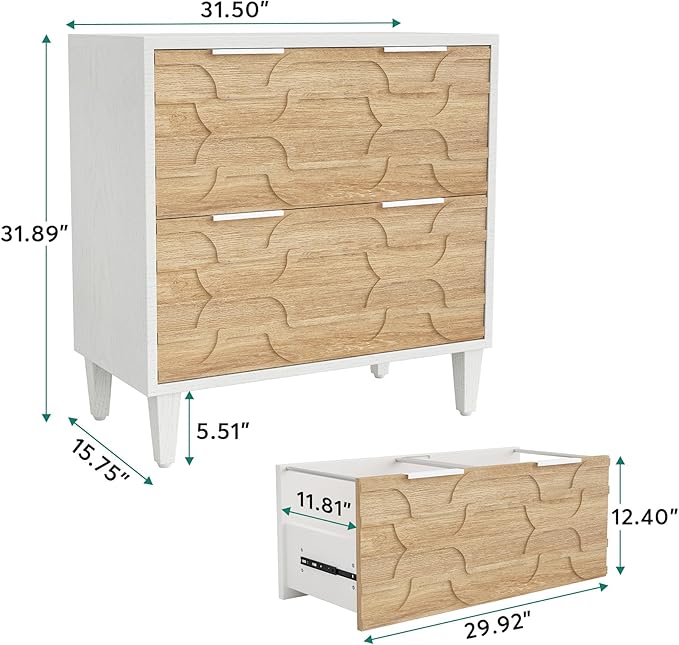 LITTLE TREE 2-Drawer File Cabinet, Lateral Filing Cabinet for A4/Letter/Legal Size, Office Storage Cabinet, Printer Stand with Storage Drawer for Home Office, Wood & White-DeskLoop Office