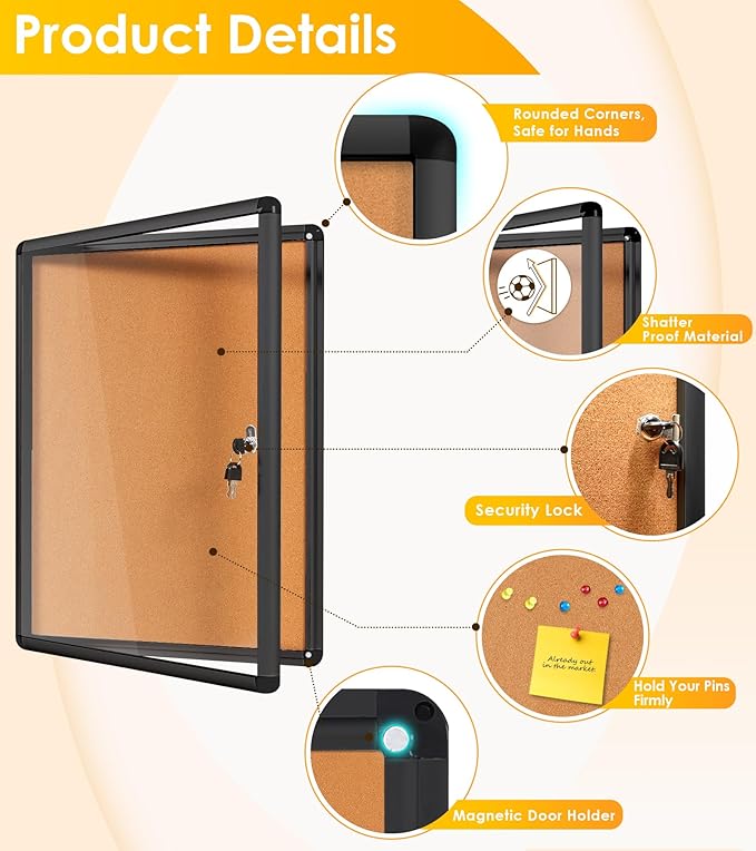 SWANCROWN Lockable Bulletin Board Notice Pin Cork Boards Tamper Proof Message Board for Photos Memos,26x20inch (4xA4)-DeskLoop Office