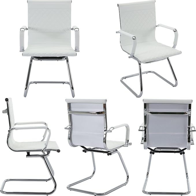 Office Guest Chairs - Set of 6 Modern PU Leather Desk Chairs for Reception, Waiting, and Conference Rooms - Mid Back, White-DeskLoop Office