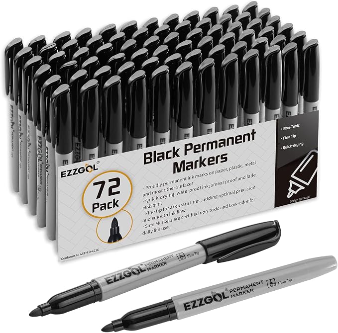 Ezzgol Permanent Markers Bulk, 72 Pack Black Permanent Marker Set, Fine Tip by Ezzgol