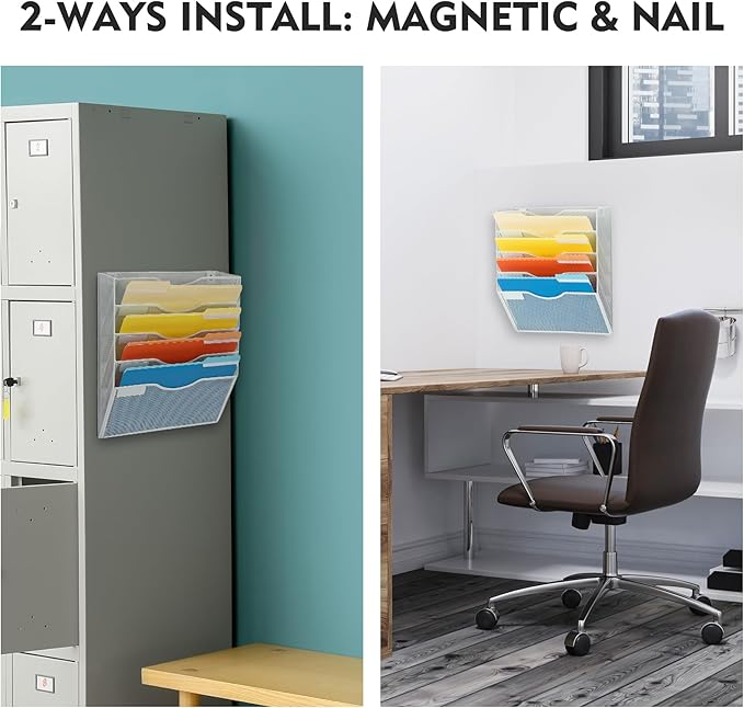 EASEPRES Magnetic 5 Pocket Mesh Hanging File Organizer, Wall Mounted Mail Paper Document Folder Holder, Clipboard Storage Organization Magazine Rack with Nametag Label for Office Home School, White-DeskLoop Office