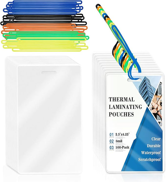 100 Pack 5 Mil Laminating Pouch with Colorful Loop 2 1/2" x 4 1/4" Luggage Tag Laminating Pouches with Slot Hole Thermal Laminate Pouch Tags Kit Resealable for Work Permits Pass Cards Student ID Cards-DeskLoop Office
