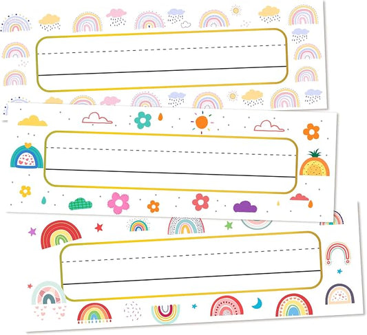 30 Name Tags for Classroom Cubbies, 3x9 in Boho Rainbow Name Plates for Desks by OXRUN