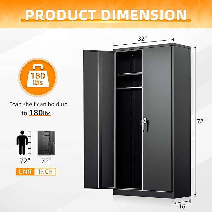 INTERGREAT Metal Storage Cabinet with Lock,Storage Wardrobe Cabinets with 4 Adjustable Shelves and Hanging Rod,Black Wardrobe Cabinet with Lockable Doors for Home Office,Warehouse,Garage-DeskLoop Office