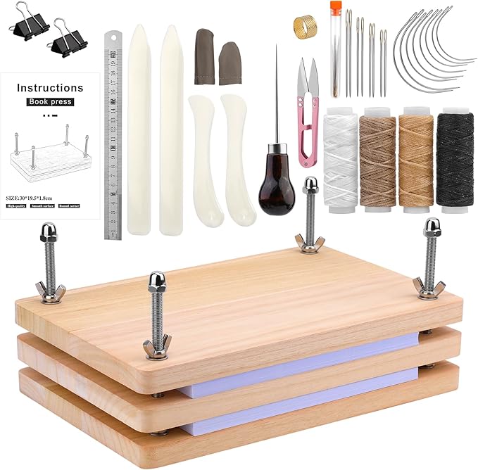 JUPEAN 34 Pcs Book Binding Kits, Book Press(11.81”x7.56”), Books Making Kit with Bone Folder Bookbinding Needles Waxed Threads Books Binding Awl, Bookbinding Tools for Beginners-DeskLoop Office