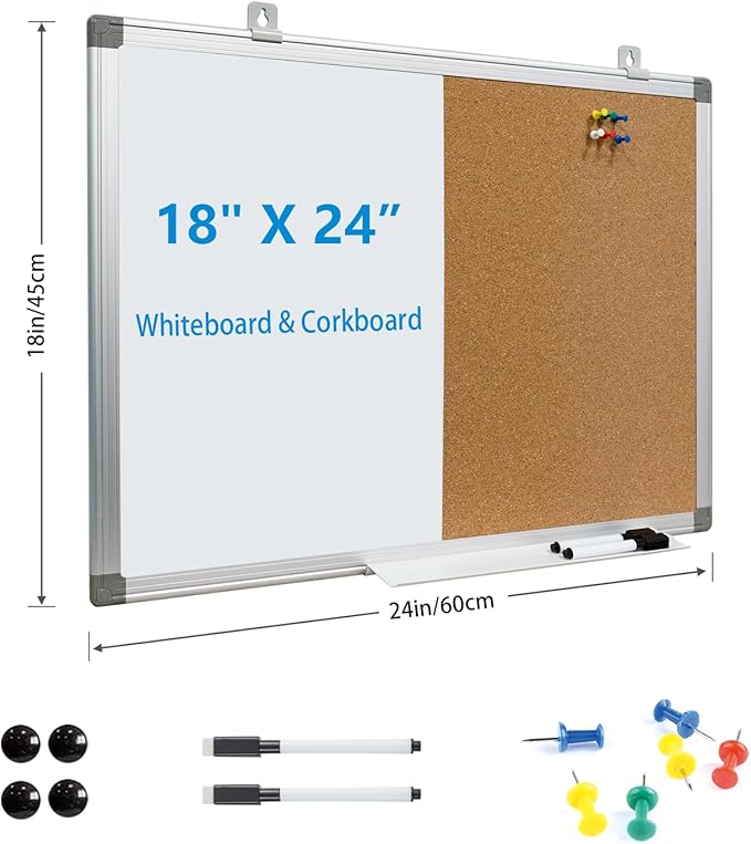 Combination Writeboard 24"x 18" Magnetic Whiteboard & Cork Board Aluminium Frame Dry Erase Board Bulletin Board Wall Mounted Memo Message-DeskLoop Office