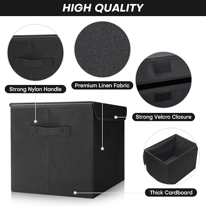 Large 17" 42 Quarts Collapsible Stackable Storage Bins with Lids [3-Pack] Foldable Fabric Linen Storage Boxes Cube, Closet Organizer Baskets with Label (16.7 x 12 x 12", Black)-DeskLoop Office