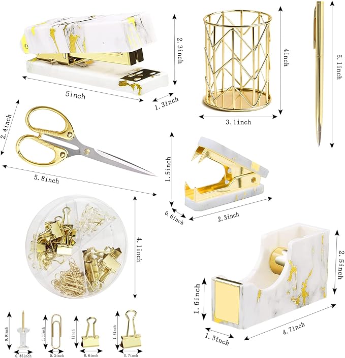 Gold Marble Desk Accessories, Office Supplies Set Stapler Set Staple Remover - Image 2