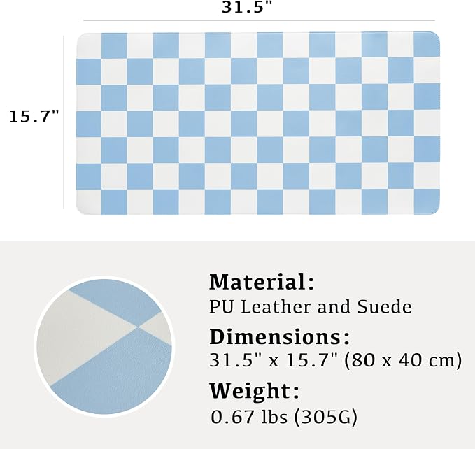 Ohocut Checkered Desk Mat, 31.5" x 15.7" Large Cute Sky Blue Aesthetic Retro - Image 7