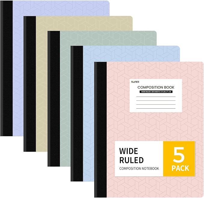 SUNEE Composition Notebook, Wide Ruled Paper, 5 Pack, 9-3/4" x 7-1/2", 80 by SUNEE