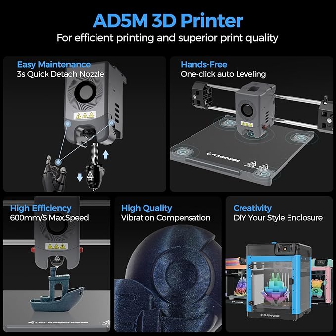 FLASHFORGE Adventurer 5M 3D Printer,600mm/s Max High-Speed FDM 3D Printers with Fully Auto Leveling, 280°C Direct Extruder with Quick Detachable Nozzle, Effective Cooling, Core XY Structure-DeskLoop Office