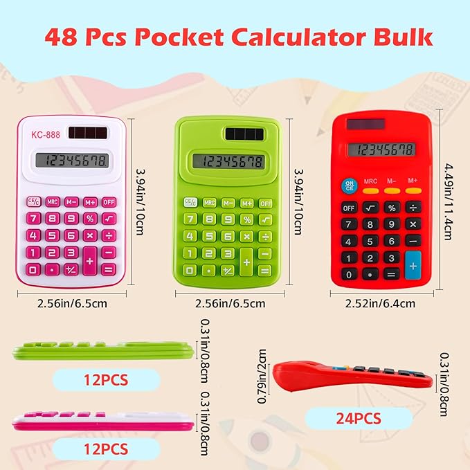 48 Pcs Pocket Calculator,Pocket Size Basic Calculators,8 Digit Display Solar Battery Dual Power Desktop Calculators,Mini Calculator for Students,Home,Office, 3 Styles-DeskLoop Office