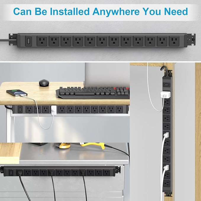 HHSOET 360° Rotating 12 Outlet Mountable Power Strip, Metal Gaming Table Mounted Outlet Strip, Heavy Duty Wall Mount Surge Protector with Switch, Works Great and Very Versatile, 10ft Power Cord.Black-DeskLoop Office