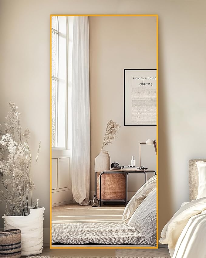 Full-Length Floor Mirror with Stand, 71"x28" Rectangle Style Full Body Standing Mirror for Bedroom, Living Room, Gym, Dorm - Shatter-Resistant & Easy Assembly, Gold-DeskLoop Office