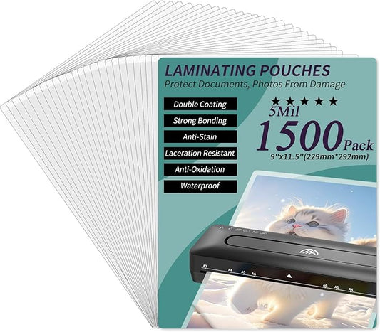 Laminating Sheets - 5Mil Thermal Laminating Pouches, 9"x11.5" Clear Laminate Sheets for Schedules, Menus, Certificates, Art Drawings, Round Corner, 1500 Pack-DeskLoop Office