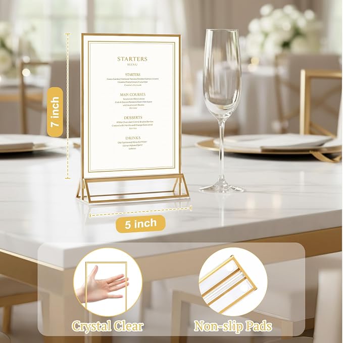 EHWINE 24 Pack Acrylic Sign Holder 5 x 7, Double Sided Gold Picture Frame Stand - Image 6