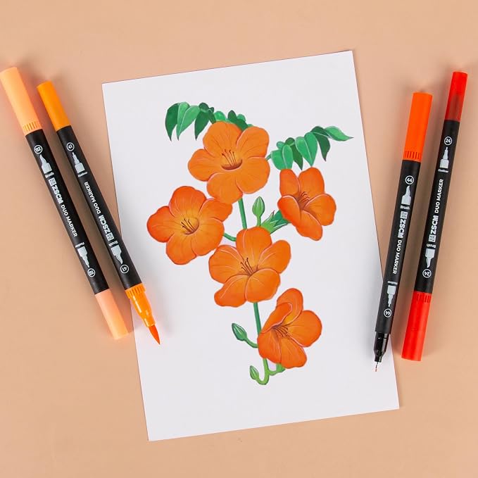 ZSCM Orange Duo Tip Marker Pens, 12 Pack Fine & Brush Markers - Image 4