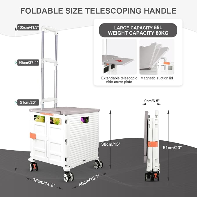 FELICON SELORSS Folding Utility Cart Portable Rolling Crate Handcart-White | - Image 4