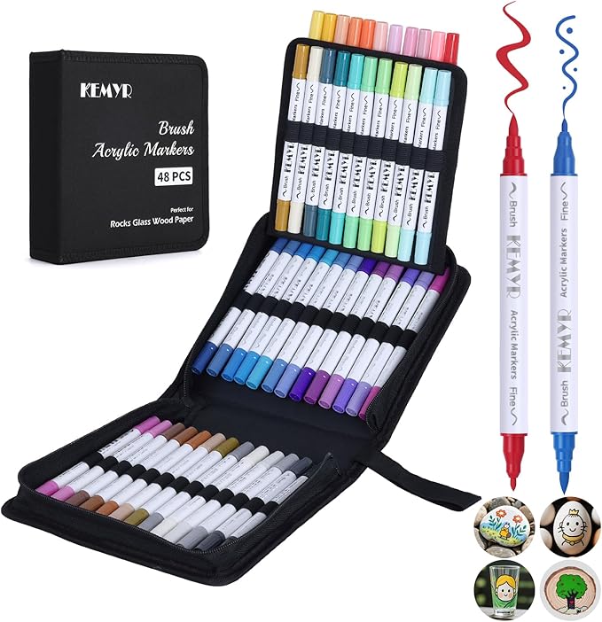 48 Colors Brush & Fine Tip Acrylic Paint Pens, Dual Tip Acrylic Paint Markers for Paper, Wood, Canvas, Stone, Rock, Glass, Fabric, DIY, Ceramic, Art Supplies for Kids and Adults Drawing-DeskLoop Office