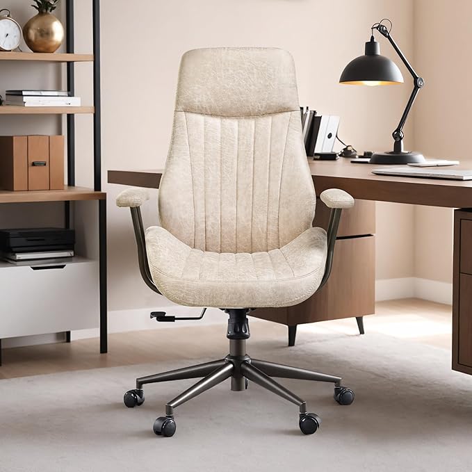 Mid Century Modren Office Chair - High Back Swivel Executive Chair with Lumbar Support,Ergonomic Computer Desk Chair with Wheels,Faux Lether Suede Task Chair,350lbs (Beige, High Back)-DeskLoop Office