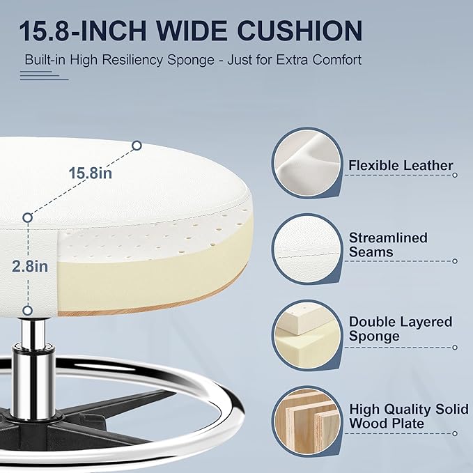 Drafting Chair with Backrest – Adjustable Foot Rest Rolling Stool with Wheels, PU Leather Swivel Stool for Office Spa Studio Lab Counter Salon Home Work Bar Kitchen Shop(White)-DeskLoop Office