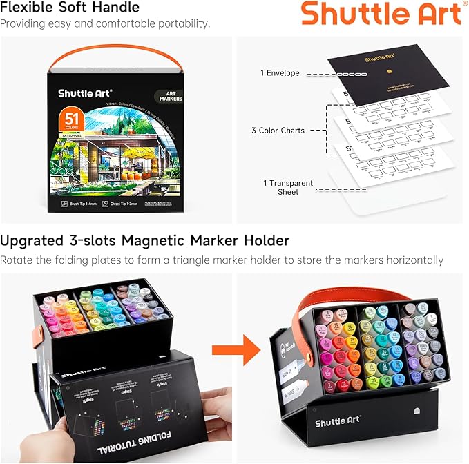 Shuttle Art Alcohol Markers Brush tip, Dual Tip Brush & Chisel Tip Art Marker Set, 50 Colors plus 1 Blender Permanent Marker Pens with Case Perfect for Illustration Students Adults Coloring-DeskLoop Office