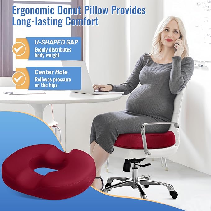 CloudBliss Donut Pillow Seat Cushion Chair Pad for Tailbone Pain Relief and Hemorrhoids, Memory Foam Seat Chair Cushion for Men and Women for Home & Office, (Red-XL)-DeskLoop Office
