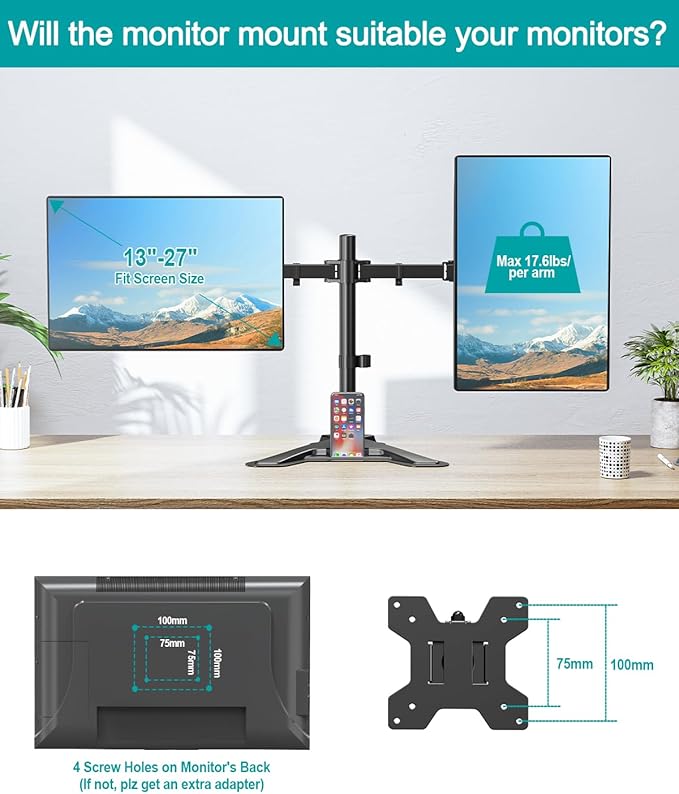 MOUNT PRO Dual Monitor Stand, Free-Standing Full Motion Monitor Desk Mount Fits 2 Screens up to 27 inches,17.6lbs with Height Adjustable, Swivel, Tilt, Rotation, VESA 75x75 100x100, Black-DeskLoop Office