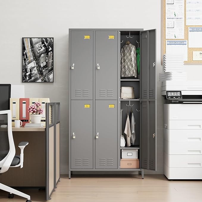 6 Doors Metal Lockers for Employees with 18 Hooks and Business Card Holder, Metal Locker with Ventilation Holes for School Garage Office Gym Home,Assembly Required,Dark Grey-DeskLoop Office