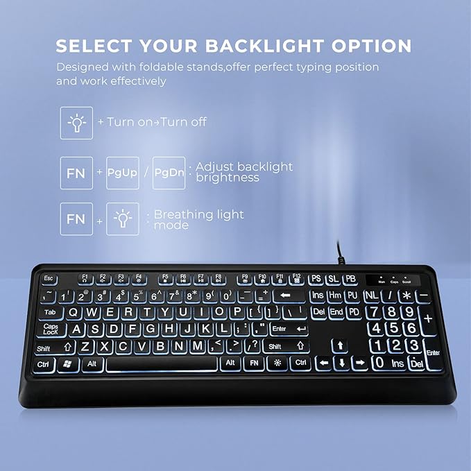 Large Print Backlit Keyboard, USB Wired Computer Keyboard, Full Size Keyboard with White Illuminated LED Compatible for Windows Desktop, Laptop, PC, Gaming, Black-DeskLoop Office